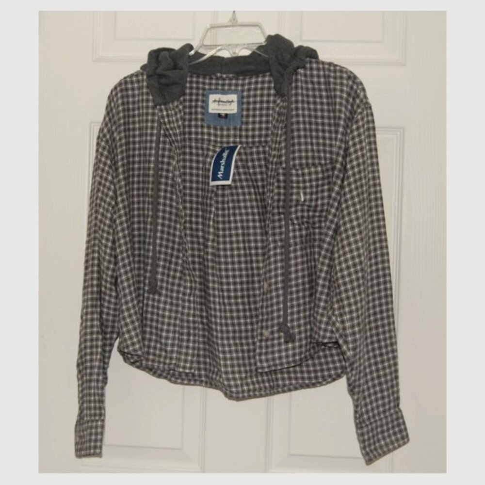 NWT American Eagle Flannel-Hooded Button-Down Distressed Gingham Shirt